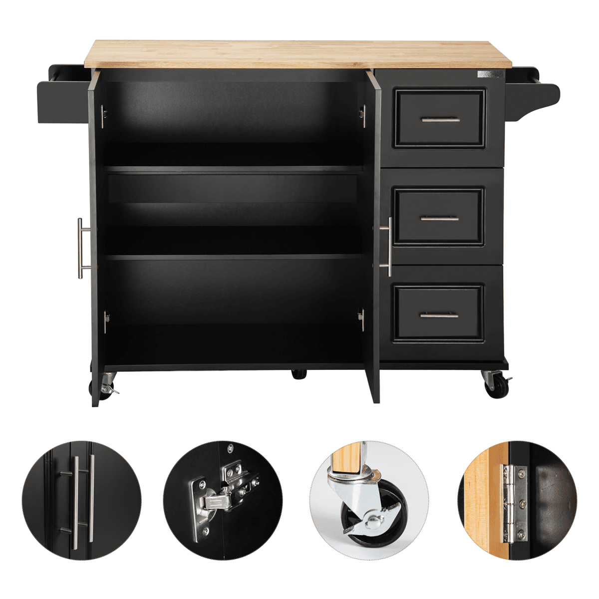 image-Kitchen Island & Cart - Rubber Wood, Big Adjustable Shelf, 54x18x36" Black
