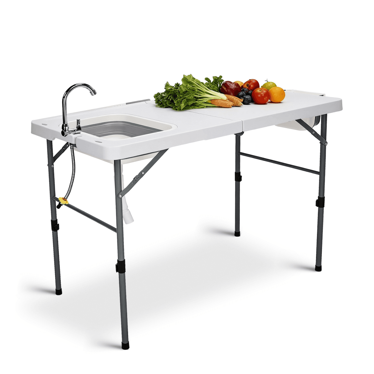 image-50" Folding Fish Cleaning Table with Sink, Bi-Folding Portable Camping Sink Station with Drain Hose, Trash Can, Foldable Outdoor Sink for Camping, Fishing, BBQ