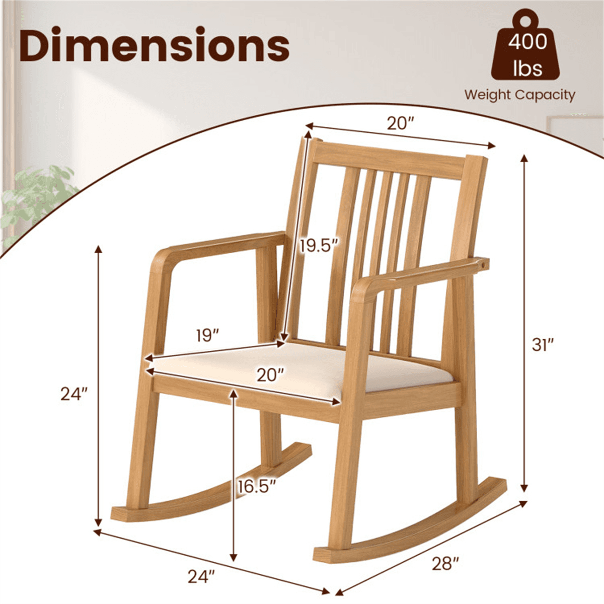 image-Rubber Wood Rocking Chair - Natural Linen 400 lbs