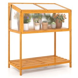 image-2-in-1 Fir Wood Greenhouse with Adjustable Roof & Shelf - Orange