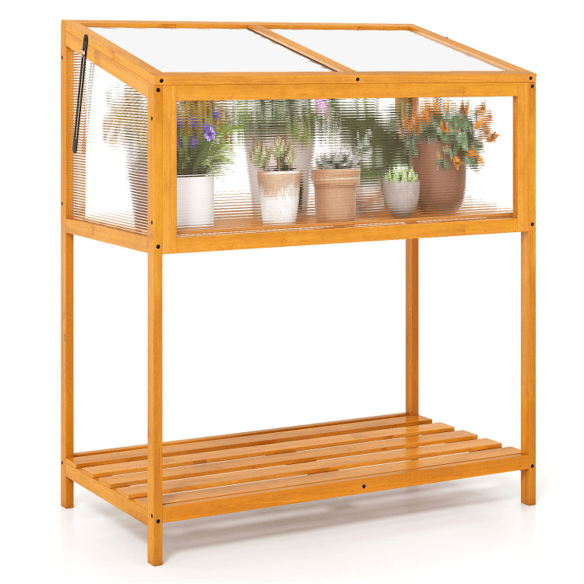 image-2-in-1 Fir Wood Greenhouse with Adjustable Roof & Shelf - Orange