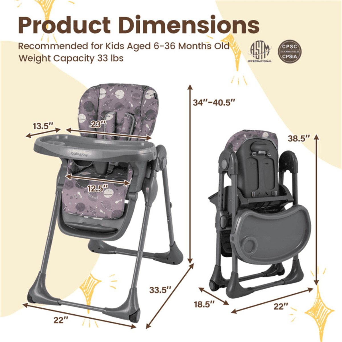 image-Adjustable Gray High Chair for Babies - 6-36 Months, Foldable, 7 Positions
