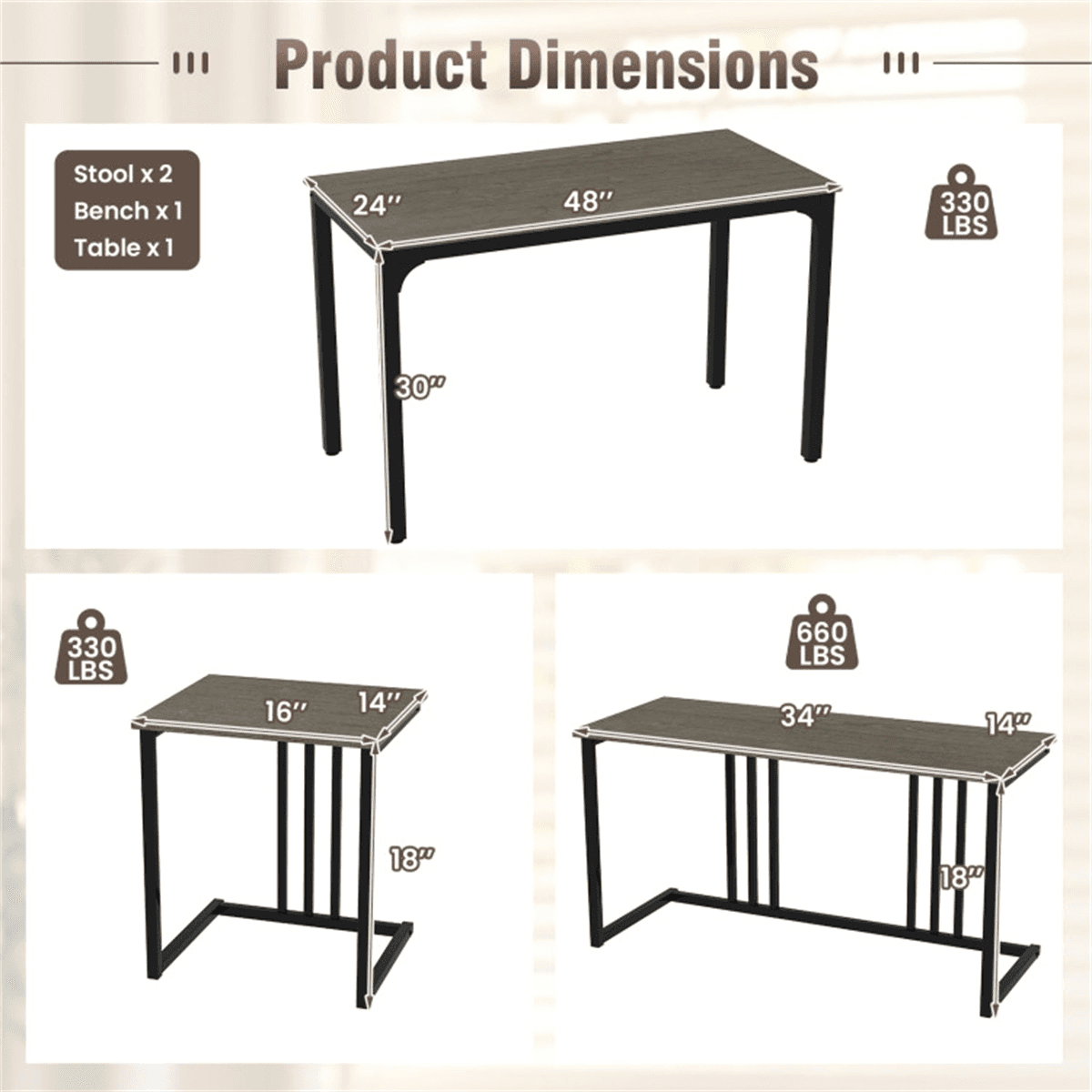 image-4-Piece Dining Table Set with Bench & 2 Stools - Oak