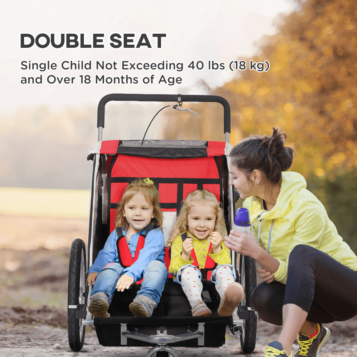 image-HOMCOM 2 Seat Child Bike Trailer - Red Steel Frame