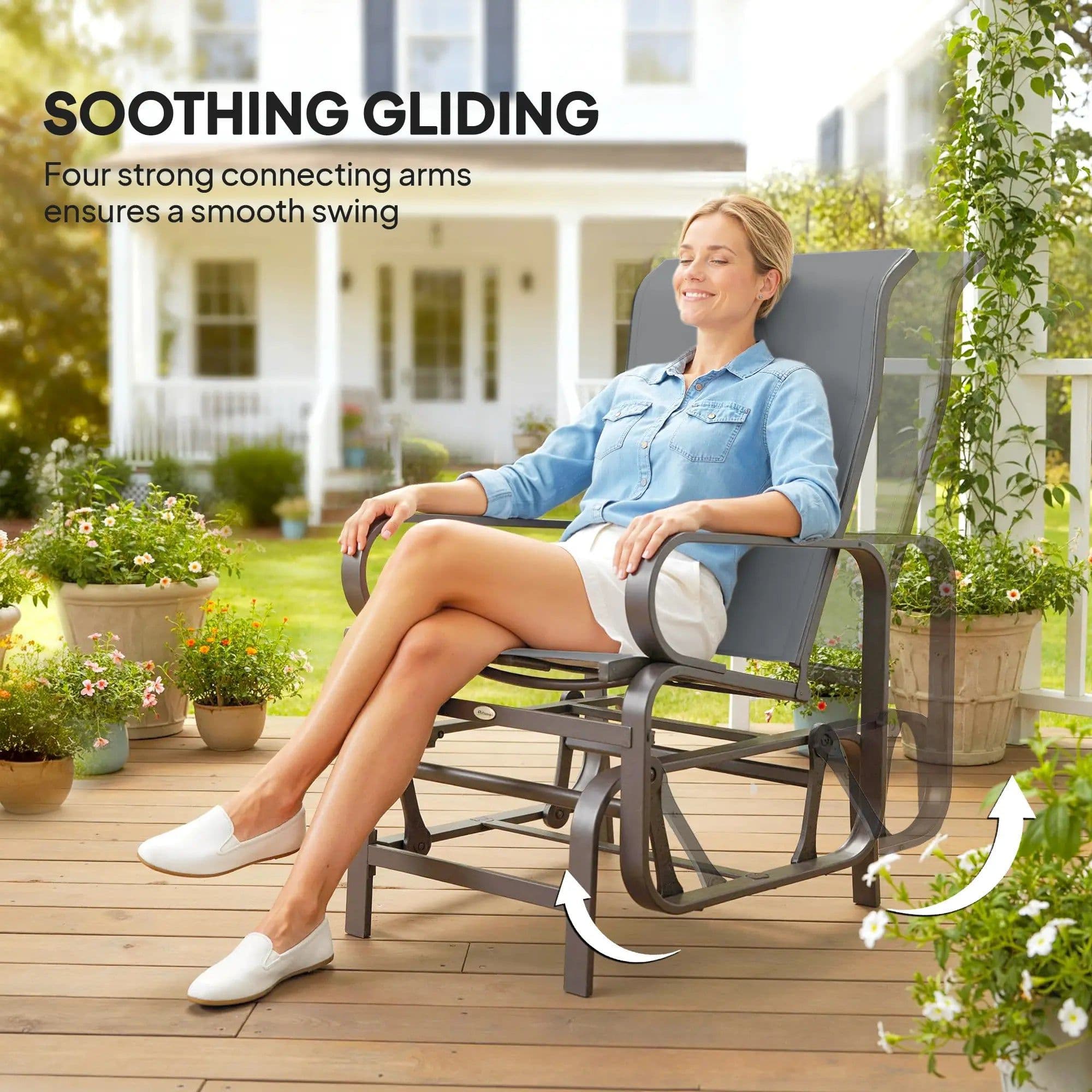 image-Gliding Lounger Chairs Set of 2 - Brown, Gray Fabric, Outdoor Patio Chairs