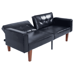 image-Modern PU Leather Futon Sofa with Tufted Backrest, Adjustable Reclining Couch with Wood & Metal Legs, Mid-Century Style Sofa for Living Room