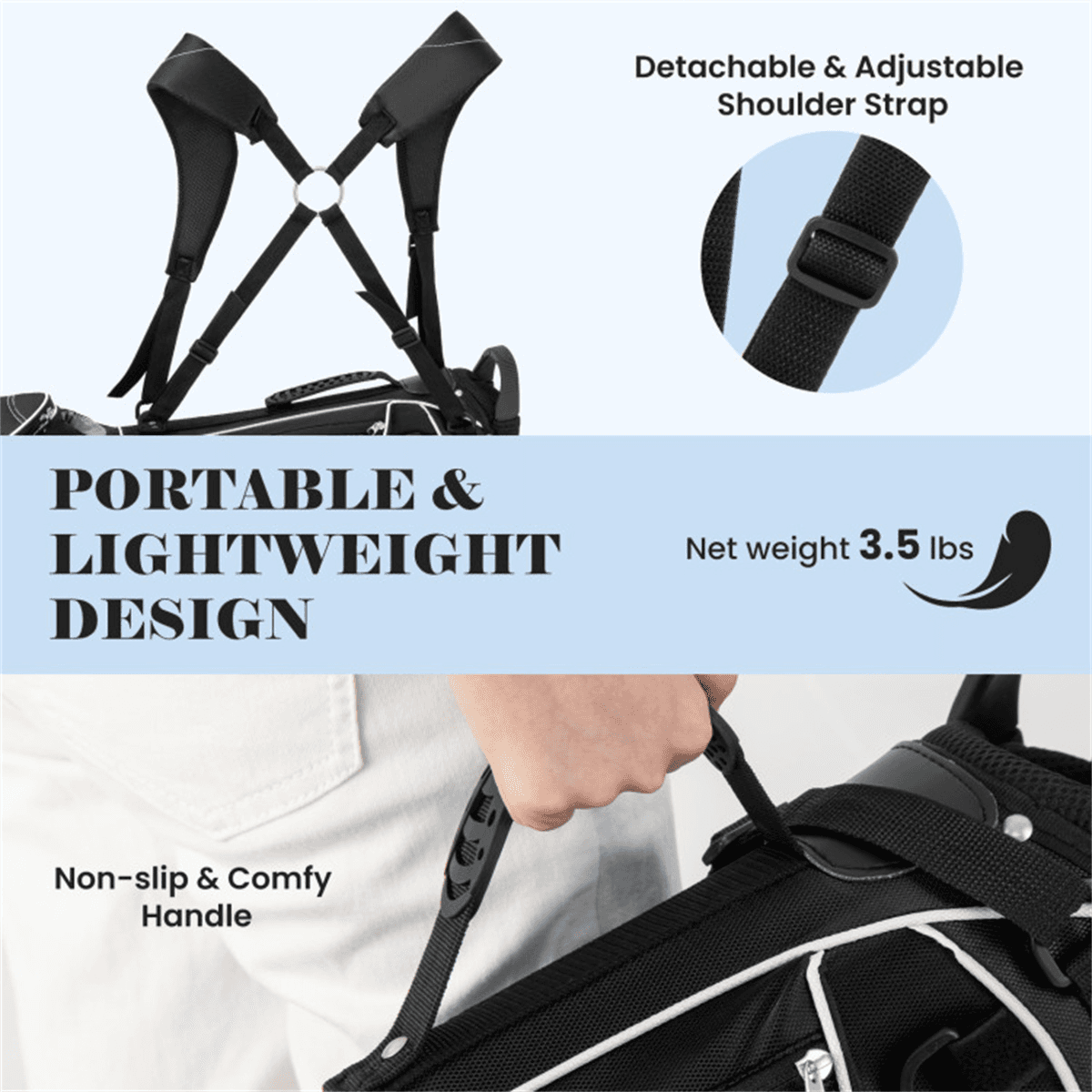 image-Golf Stand Bag - Black 3-Way Dividers Polyester Lightweight Travel Bag