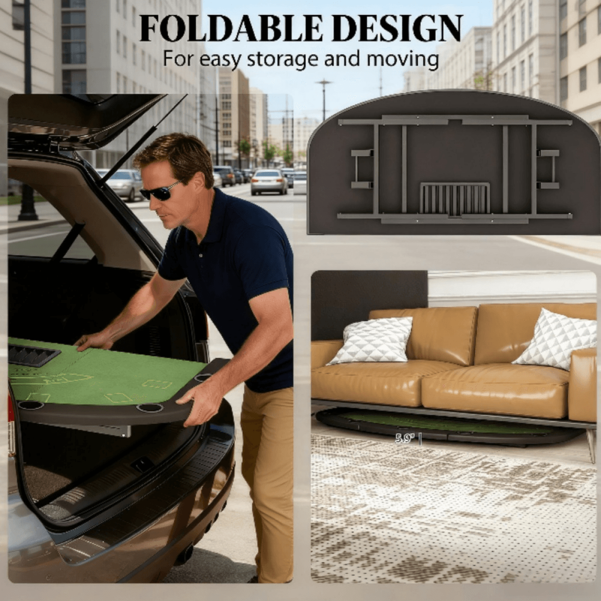 image-Poker Table - Green Felt, 8-Player, Steel Legs, Foldable - 71.7" L x 35.4" W x 29.5" H
