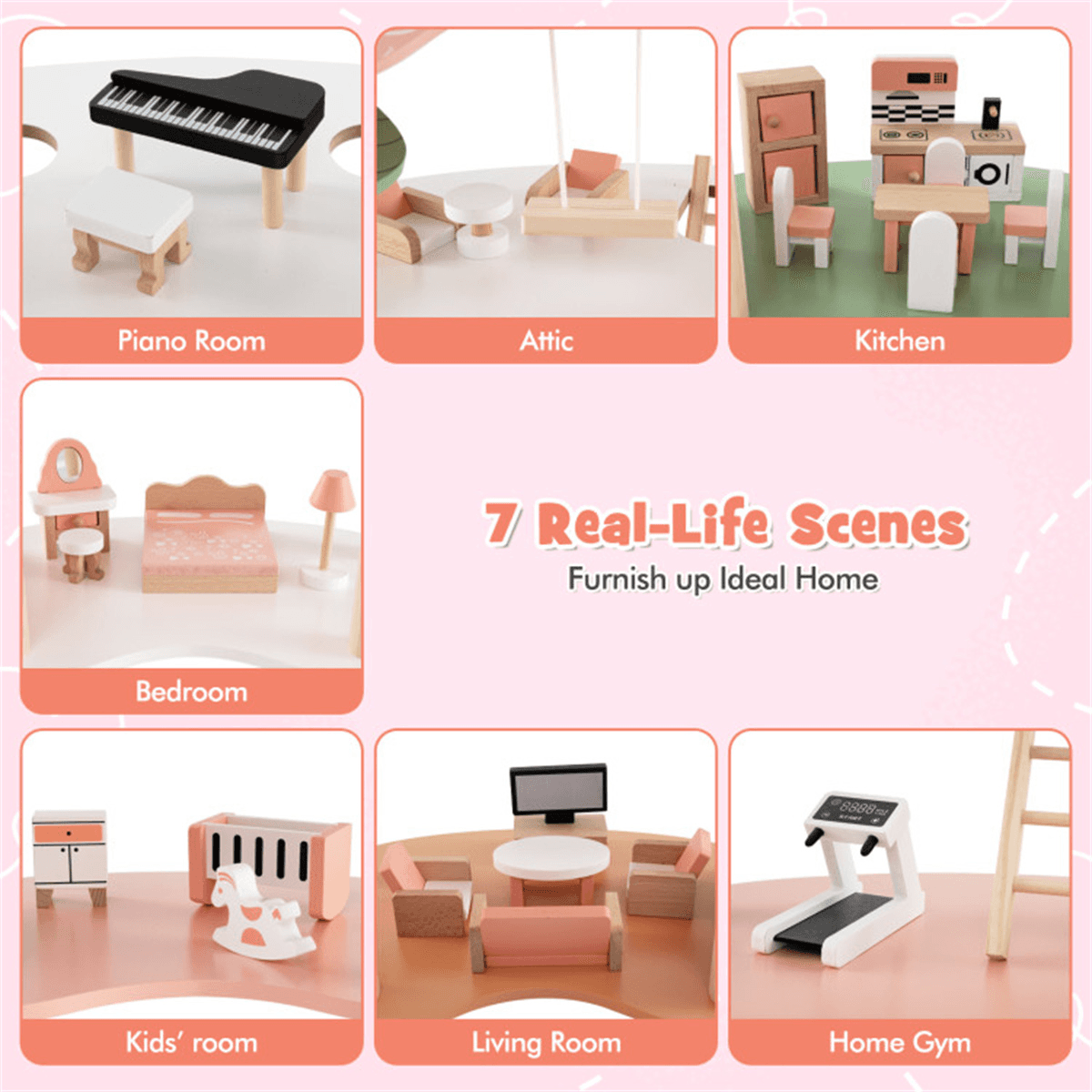 image-3-Tier Dollhouse with 7 Rooms & 31 Furniture, Corner MDF+Pine Wood Toy