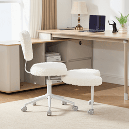 image-Artificial rabbit hair Meditation Chair Plus, Cross Legged Chair with Wheels, ADHD Chair, Criss Cross Desk Chair with Lumbar Support and Adjustable Stool, Flexible Design for Fidgety Sitters, Beige