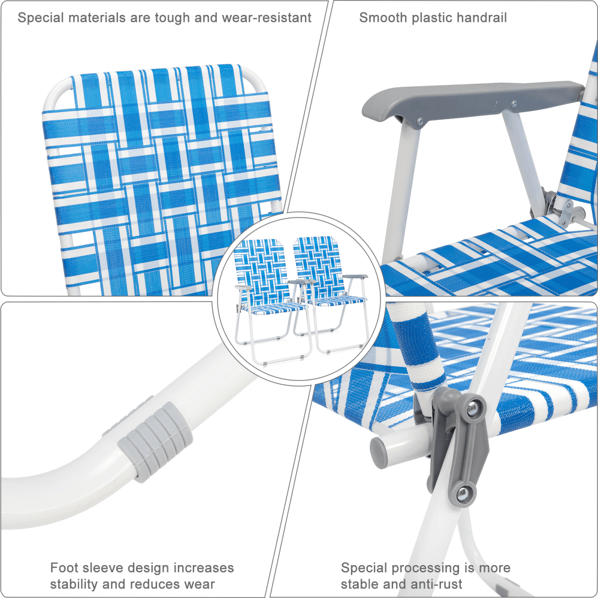 image-2pcs Steel Tube PP Webbing Beach Chair Blue & White 120kg Foldable