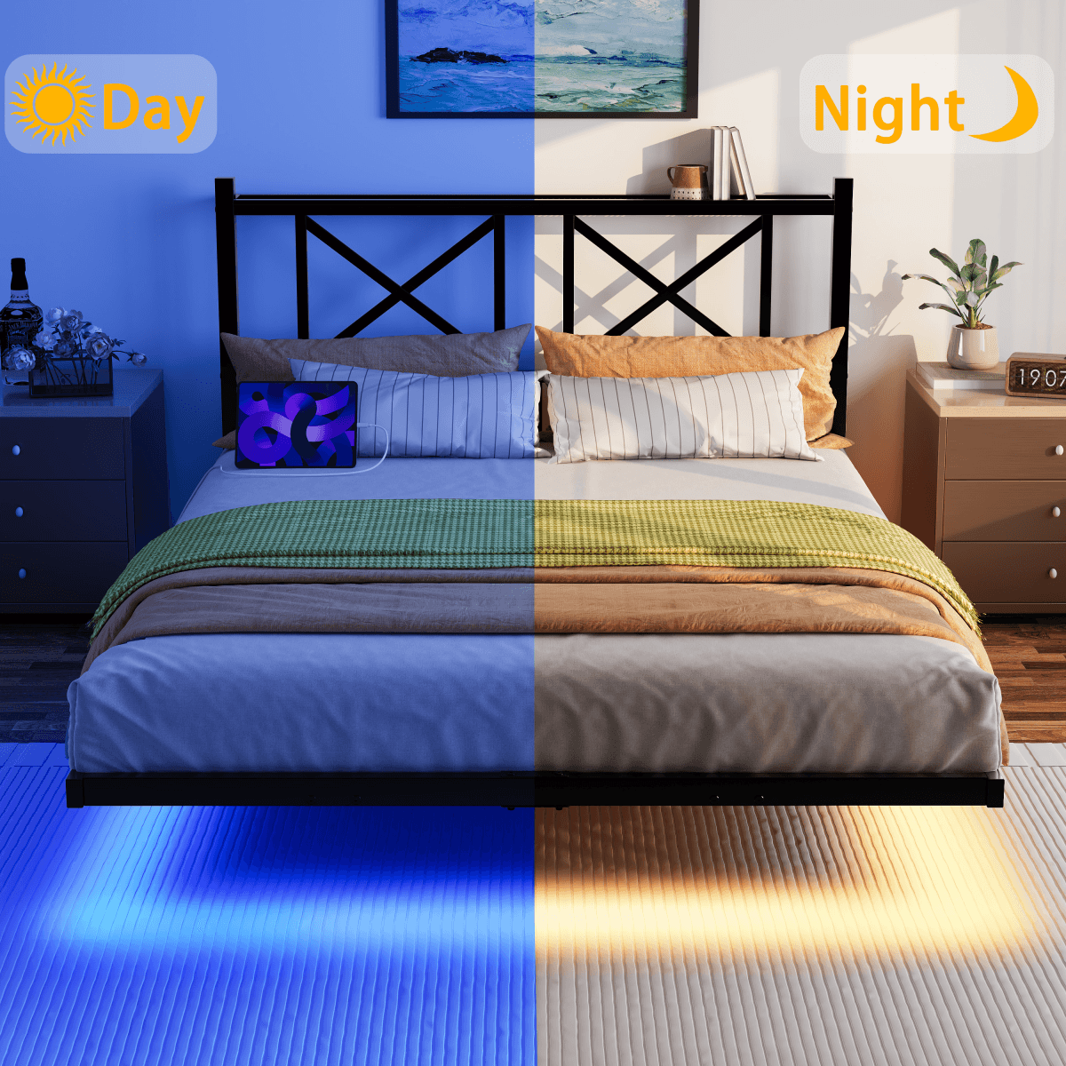 image-Floating Queen Size Bed Frame, Storage Headboard, USB Charging, LED Lights, Black (70 characters)