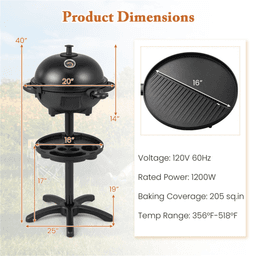 image-Black Electric BBQ Grill 1200W Double-Zone 205 sq.in