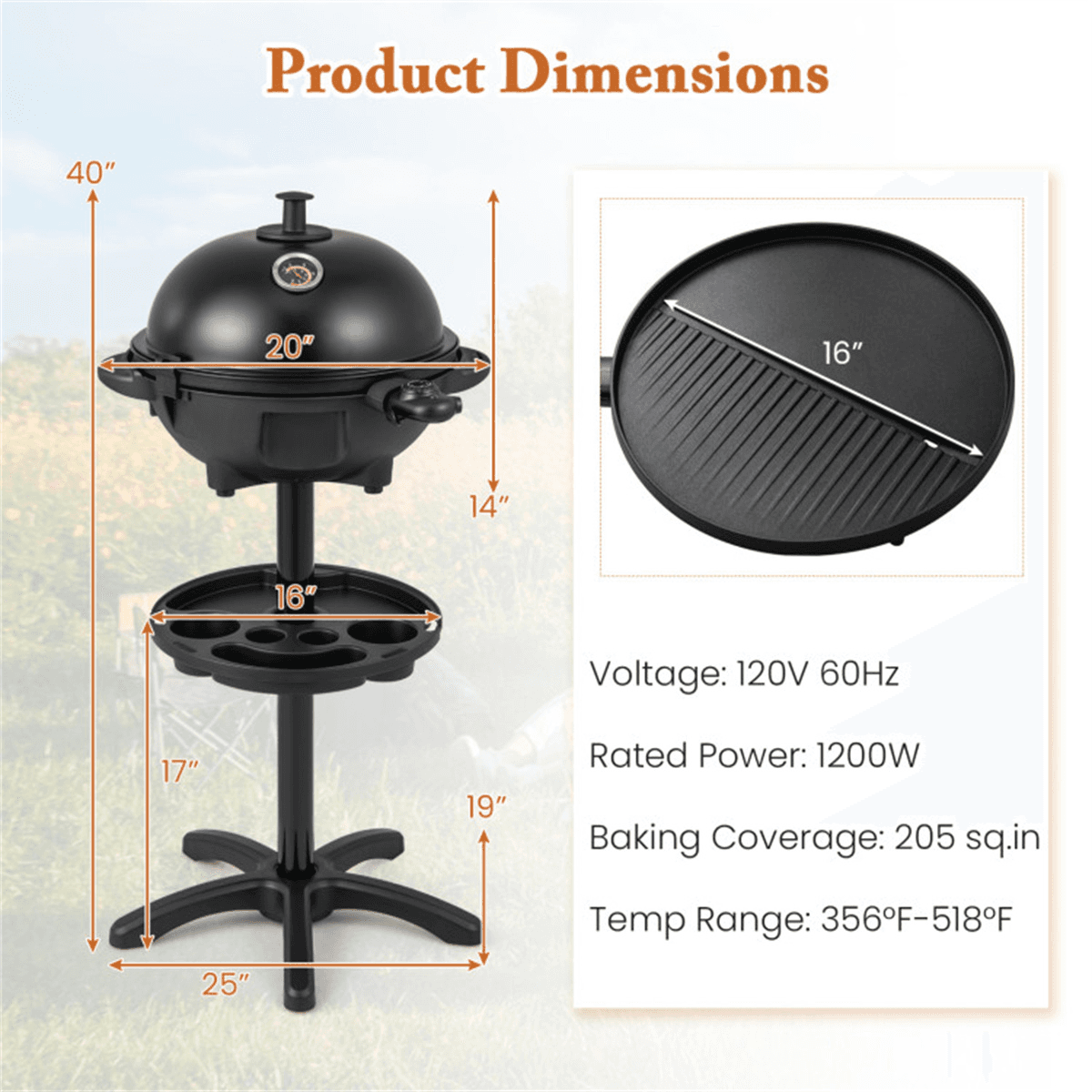 image-Black Electric BBQ Grill 1200W Double-Zone 205 sq.in