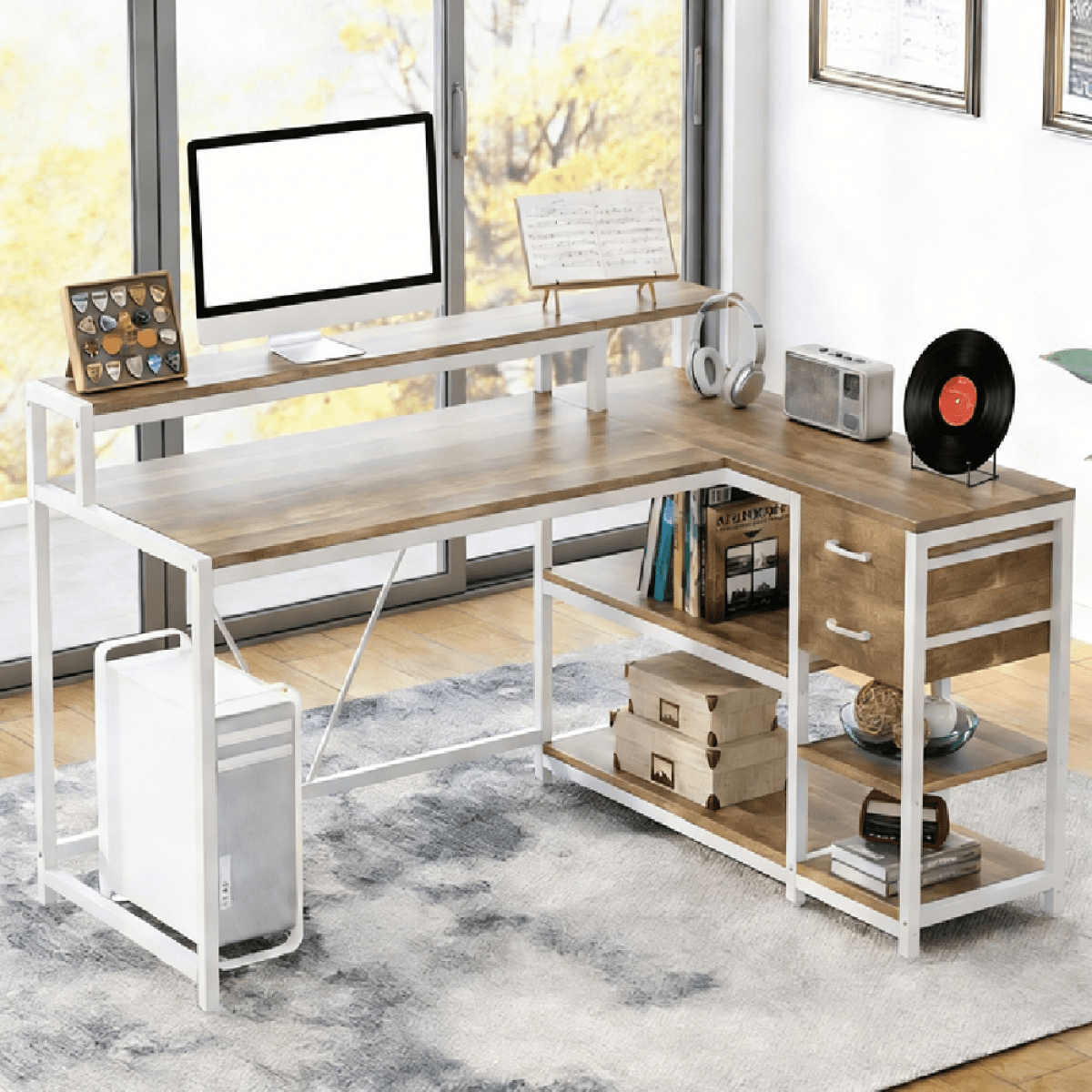 image-Office Desk - L-Shaped, Space-Saving, Ample Storage, Dual Monitor Stand