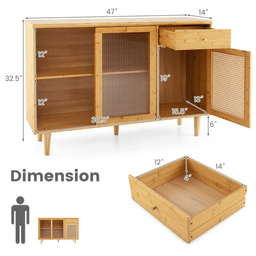 image-Natural Bamboo Sideboard Cabinet with Rattan Door, Sliding Door & Pull-Out Drawer, 5-Leg Rubber Wood Base