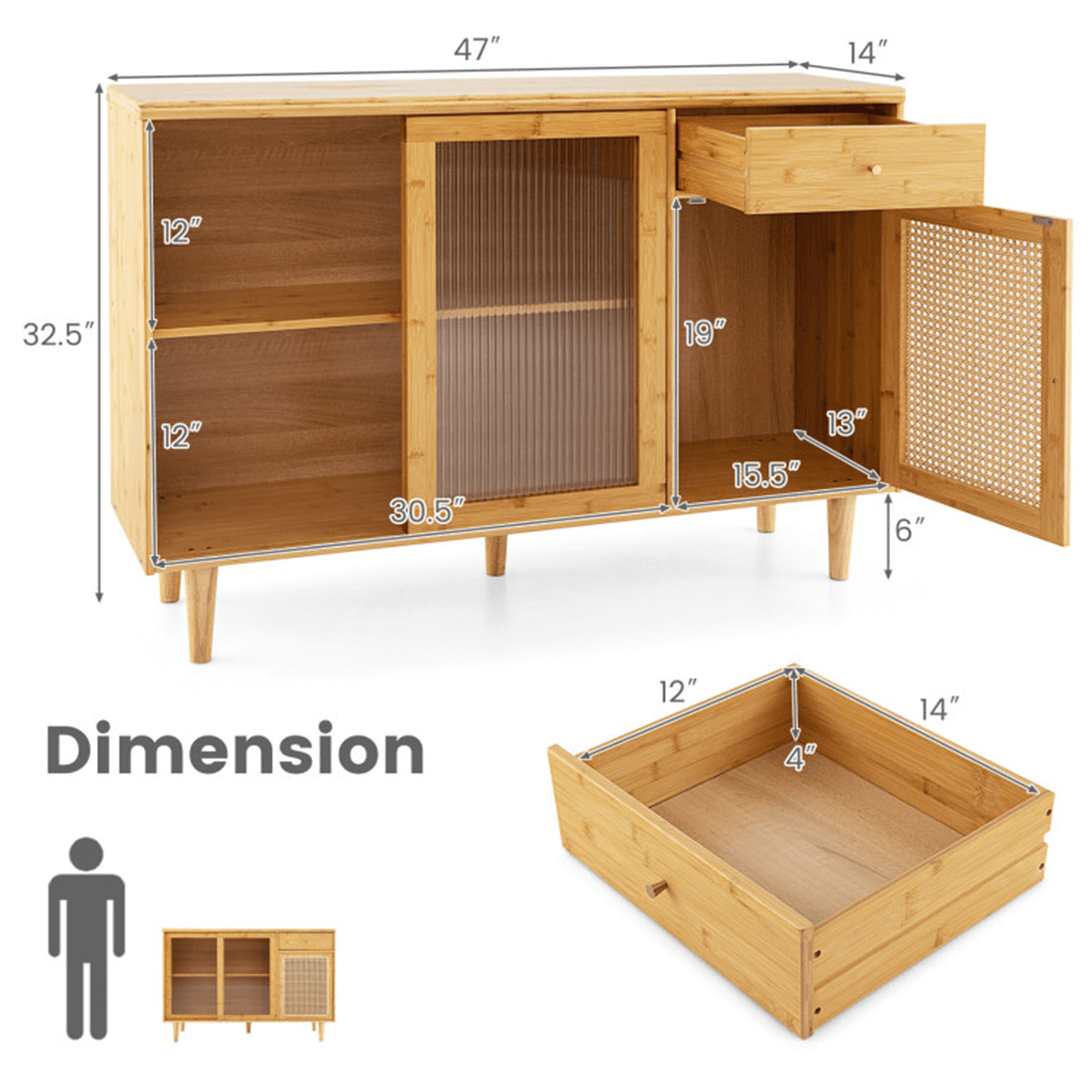image-Natural Bamboo Sideboard Cabinet with Rattan Door, Sliding Door & Pull-Out Drawer, 5-Leg Rubber Wood Base