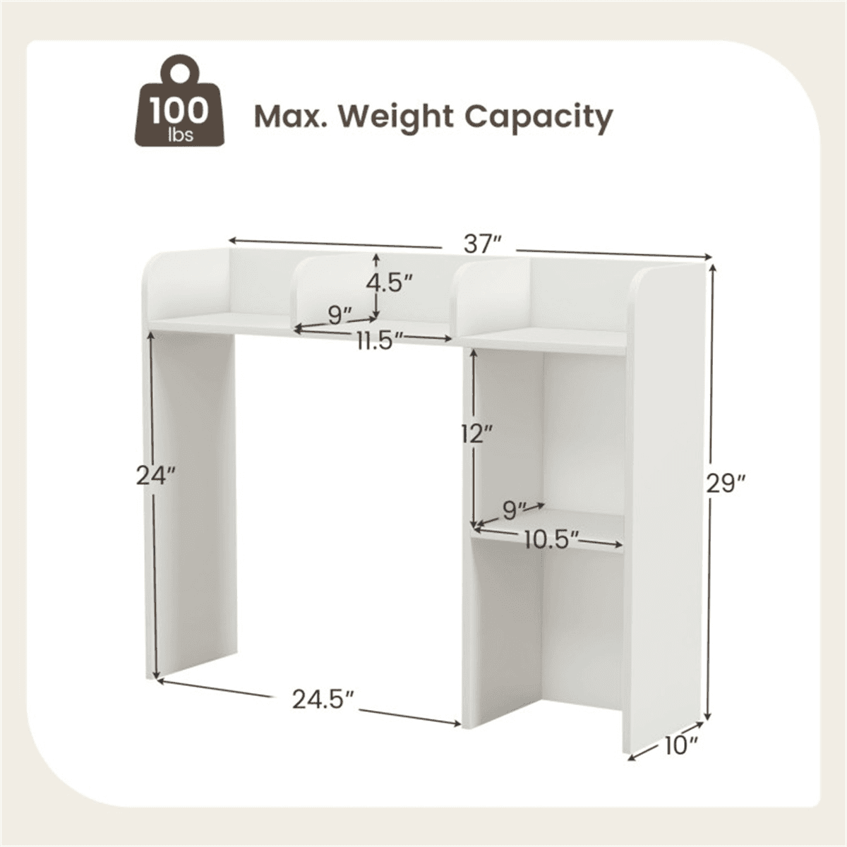 image-White Engineered Bookshelf for 27'' Monitor, 94x25x74cm Wood Desk Hutch 100lbs Capacity