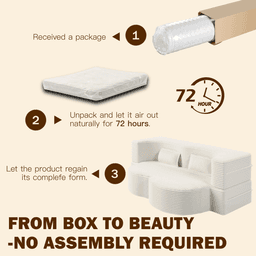 image-Modern Floor Sofa with 2 Pillows,Convertible Corduroy Fabric Foam-Filled Sleeper Sofa Bed,15" Twin Size Folding Mattress for Living Room,Guest Bed,Playroom,no assembly required,Beige/White