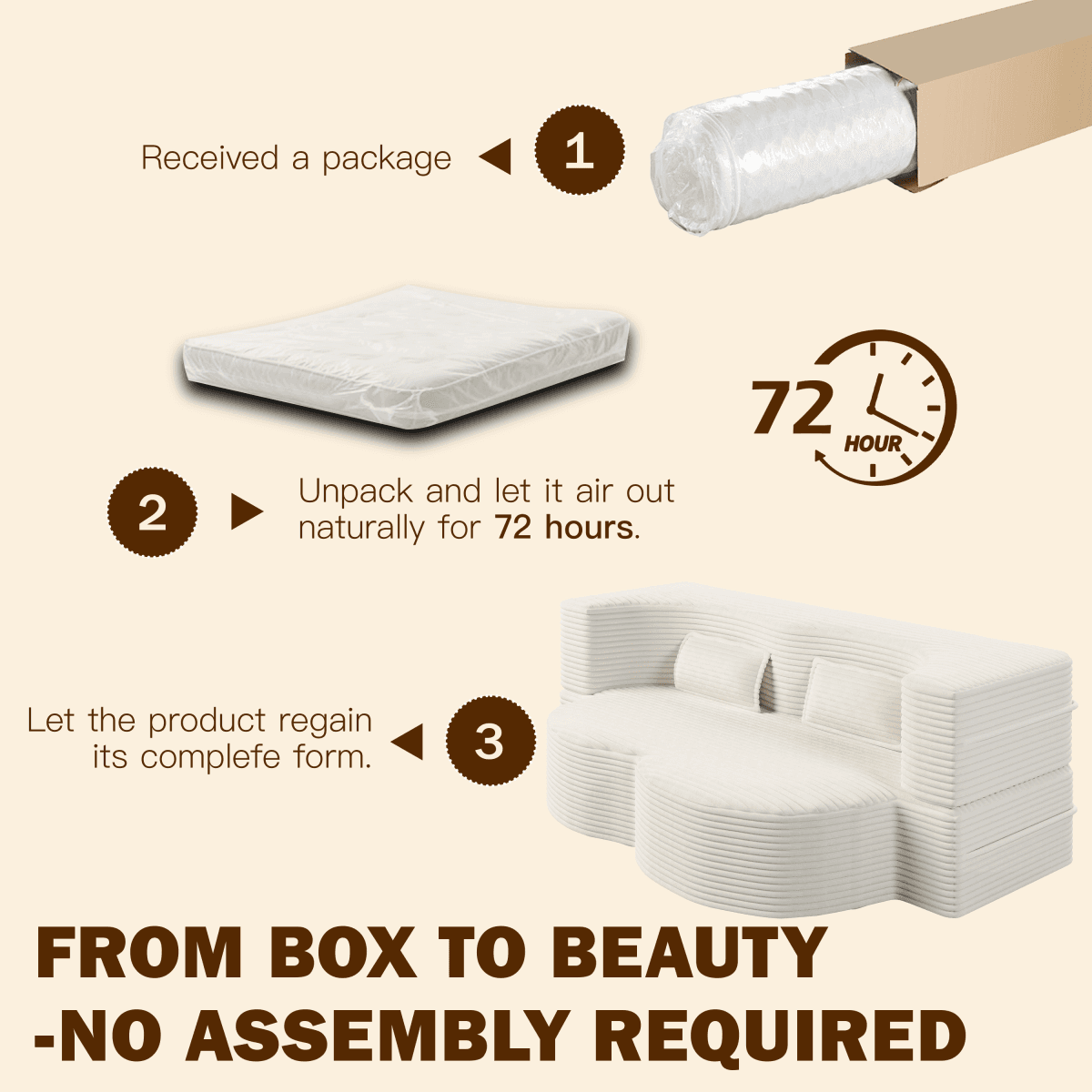 image-Modern Floor Sofa with 2 Pillows,Convertible Corduroy Fabric Foam-Filled Sleeper Sofa Bed,15" Twin Size Folding Mattress for Living Room,Guest Bed,Playroom,no assembly required,Beige/White