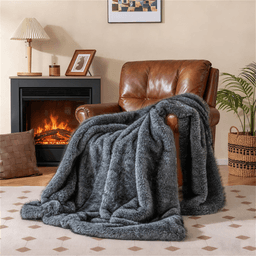 image-Faux Wolf Fur Throw Blanket 60"x80" Gray 740GSM Fleece Lined