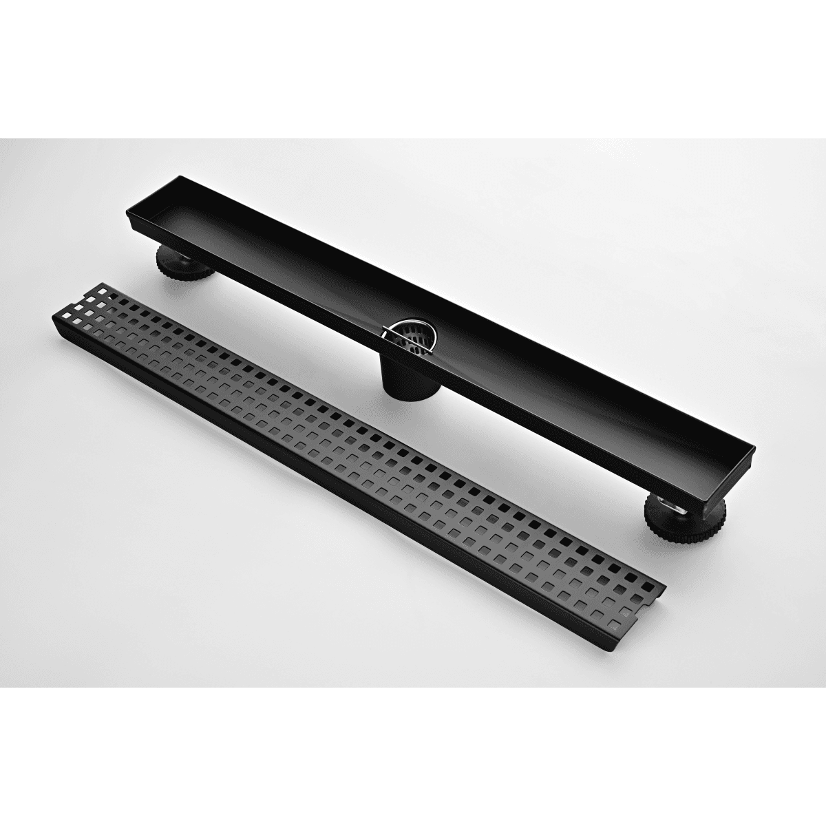 image-Linear Shower Drain 24" 304 Stainless Steel, Black with Grate, Strainer