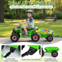 image-Kids Ride On ATV 6V Electric Quad with Trailer - Green 3+