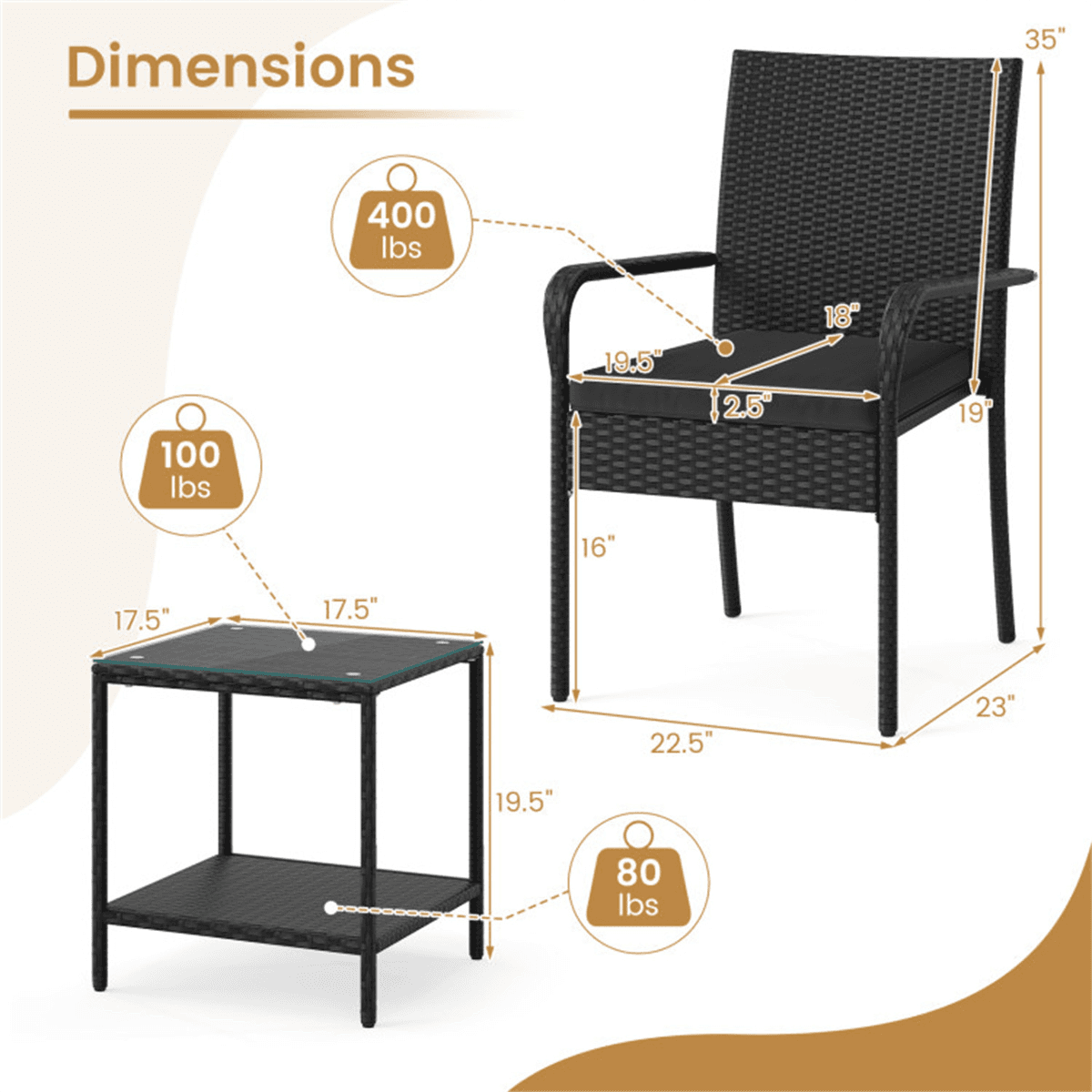 image-3-Piece Black PE Wicker Bistro Set with 2-Tier Side Table - Outdoor Patio Furniture