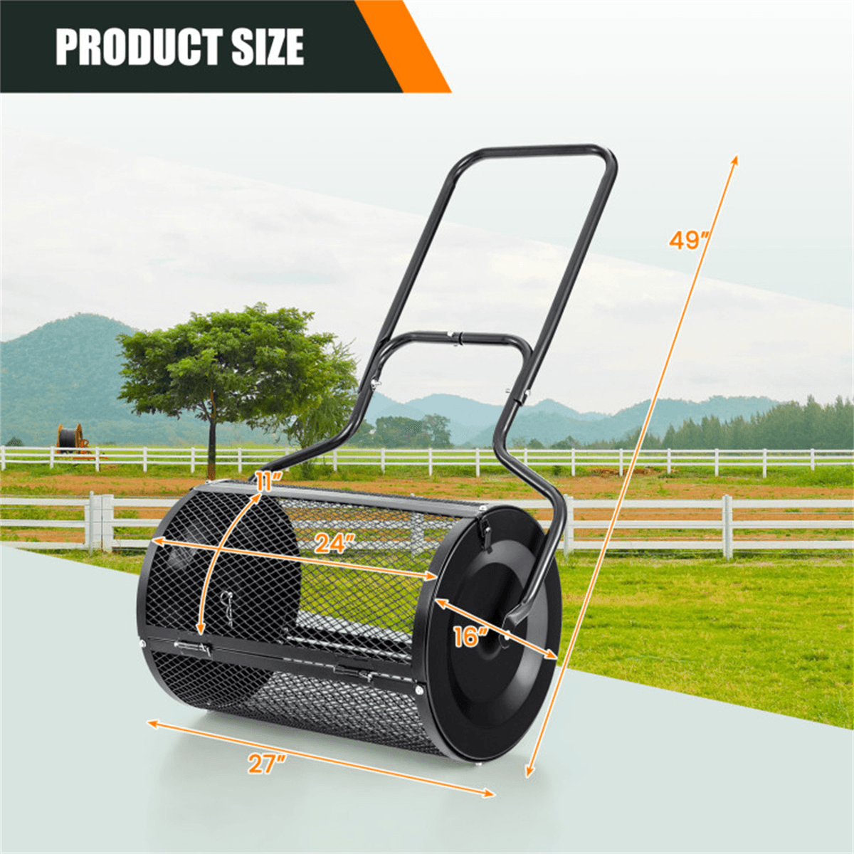 image-24-Inch Rustproof Compost Spreader, 2.7 Cu.ft Metal Mesh for Peat Moss/Topsoil
