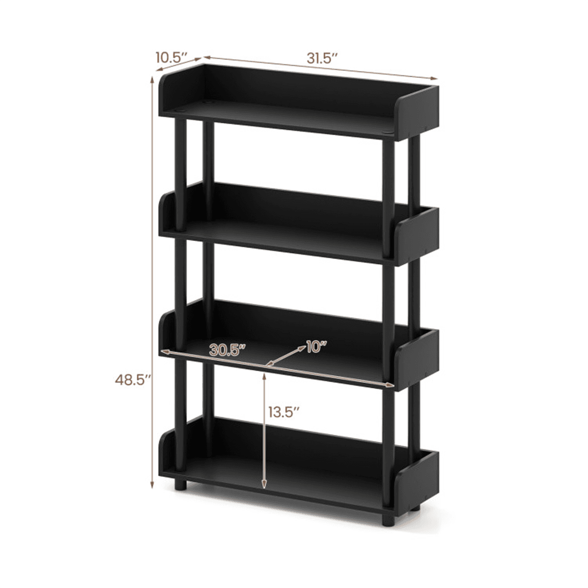 image-4-Tier Black Bookshelf with Anti-Tipping Legs for Home Office Storage (50 characters)