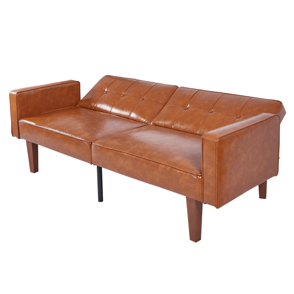 image-Modern PU Leather Futon Sofa with Tufted Backrest, Adjustable Reclining Couch with Wood & Metal Legs, Mid-Century Style Sofa for Living Room