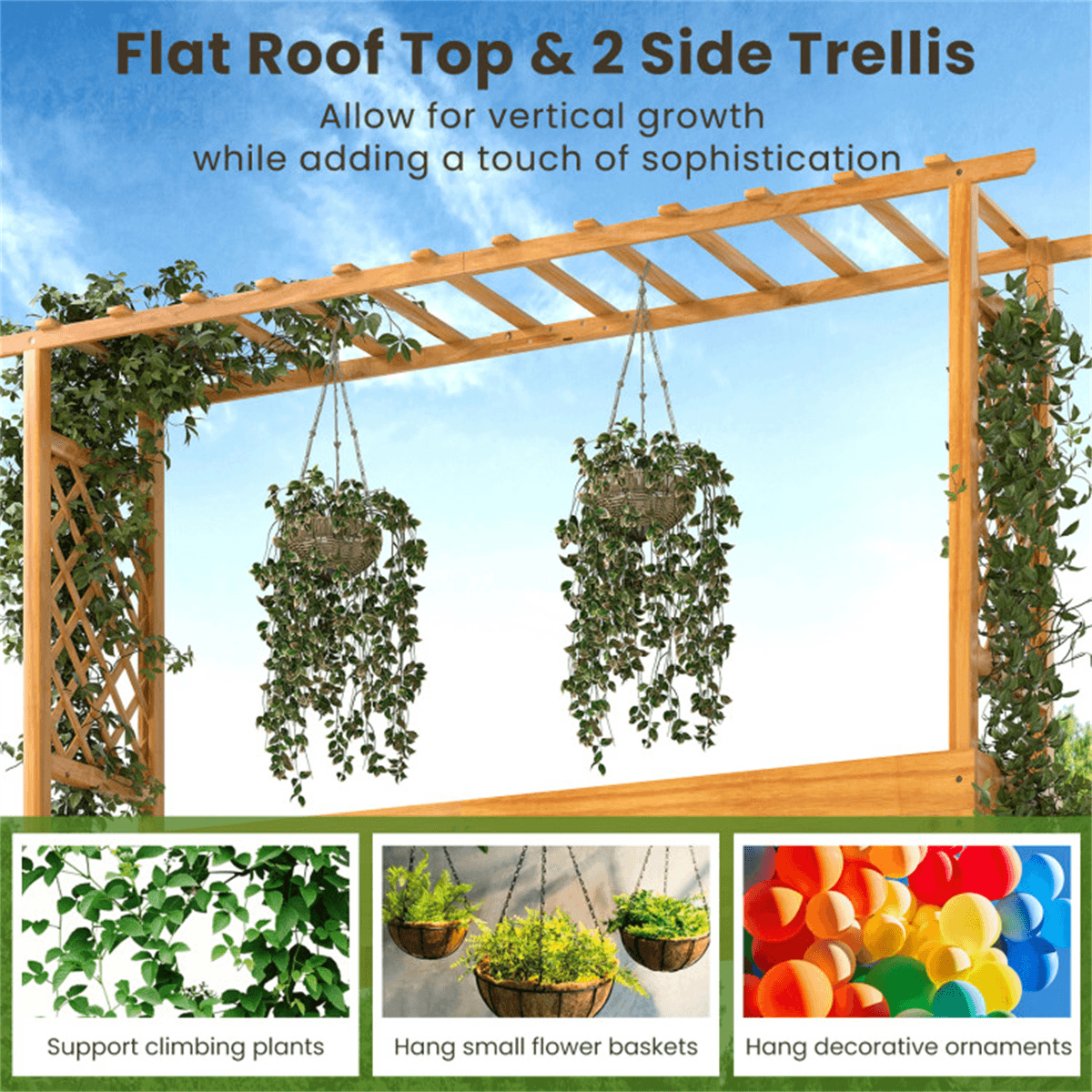 image-Wooden Raised Garden Bed, 77" x 17" x 45", Pine Wood, Open-Ended Trellis