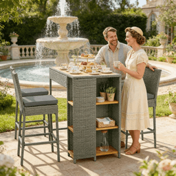 image-Bar Table with 4 Stools - Gray Acacia Wood Outdoor
