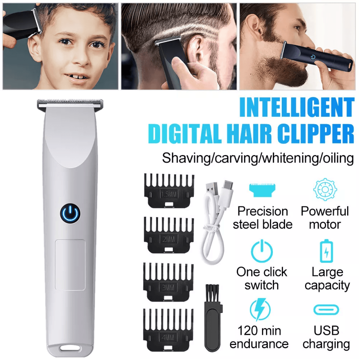 image-Men's Pro Electric Hair Clippers Trimmer Shaver - White 500mAh Battery 4 Combs