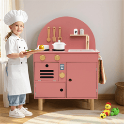 image-Pink Wooden Play Kitchen - Interactive Stove & Sink