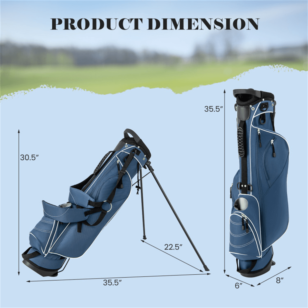 image-Lightweight Blue Golf Stand Bag, 3-Way Dividers, Polyester, 4 Zipper Pockets