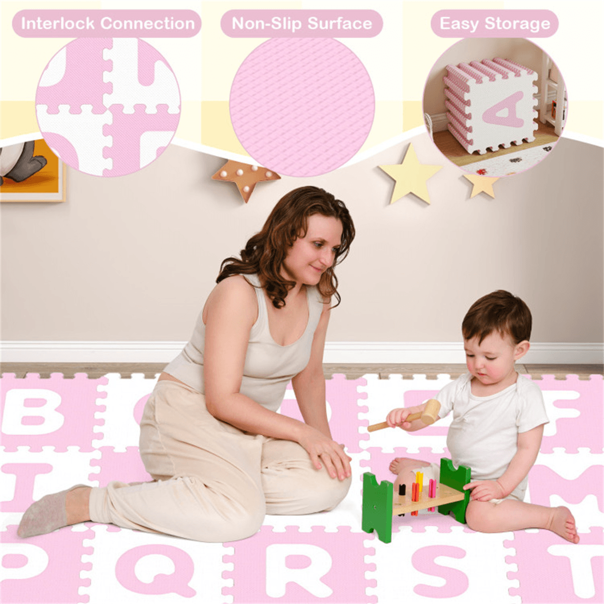 image-26-Piece EVA Foam Play Mat, Pink + White, BPA-Free, 31.75x31.75cm Non-Slip Tiles