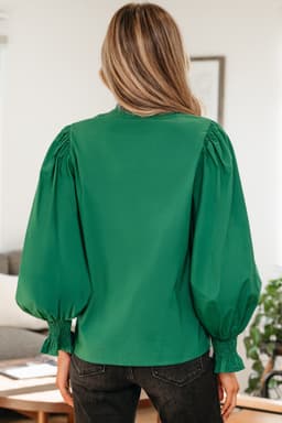 image-Evergreen Puffy Flounce Sleeve Leopard Trim V Neck Blouse