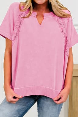 image-Pink Mineral Wash Lace Patchwork Tee