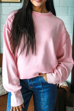 image-Pink Ribbed Long Sleeve Top - Exposed Seam Detail