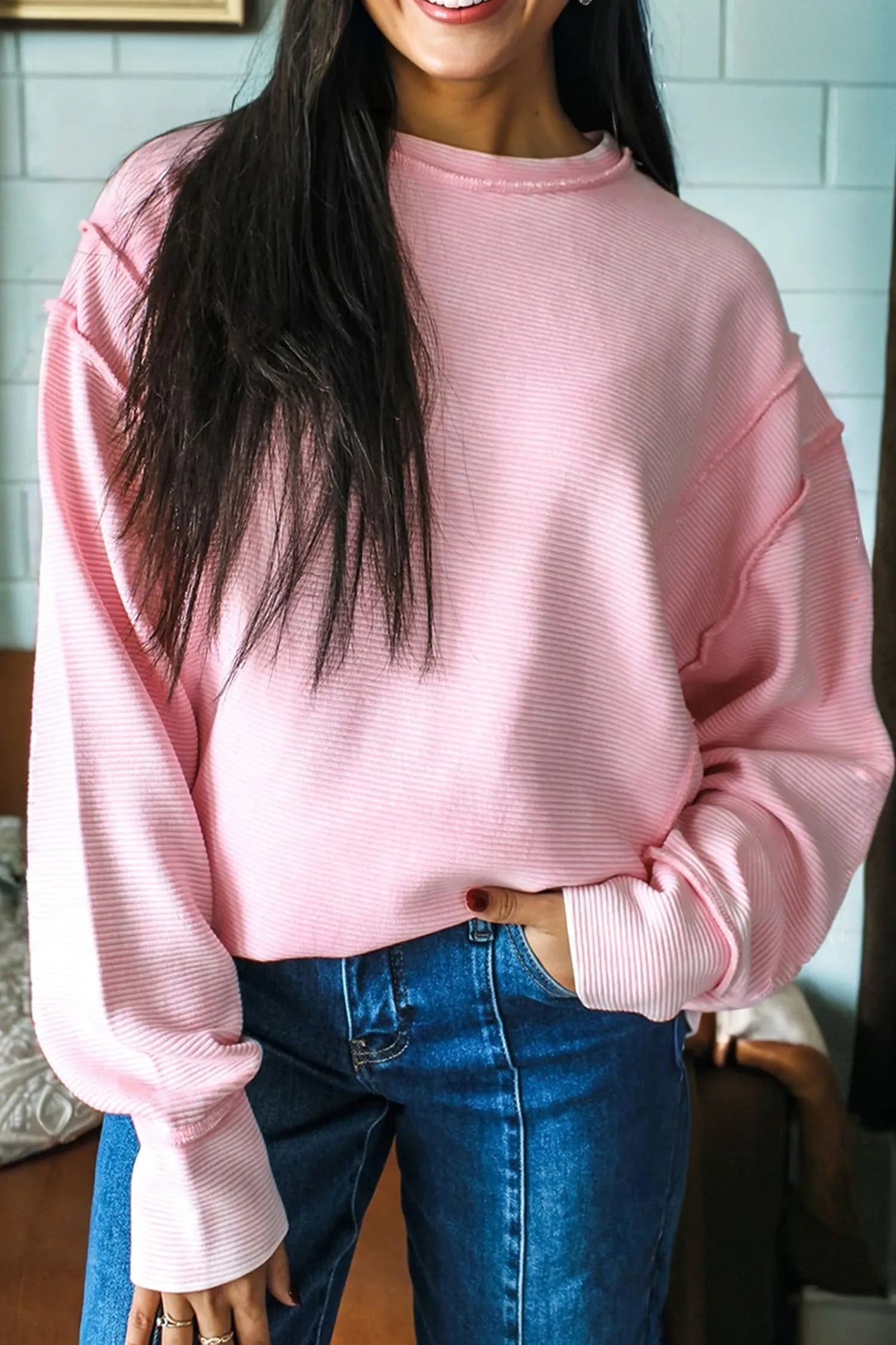 image-Pink Ribbed Long Sleeve Top - Exposed Seam Detail