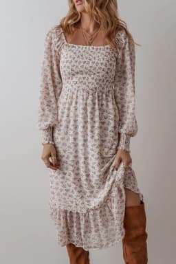 image-Floral Print Shirred Ruffled Hem Midi Dress - White