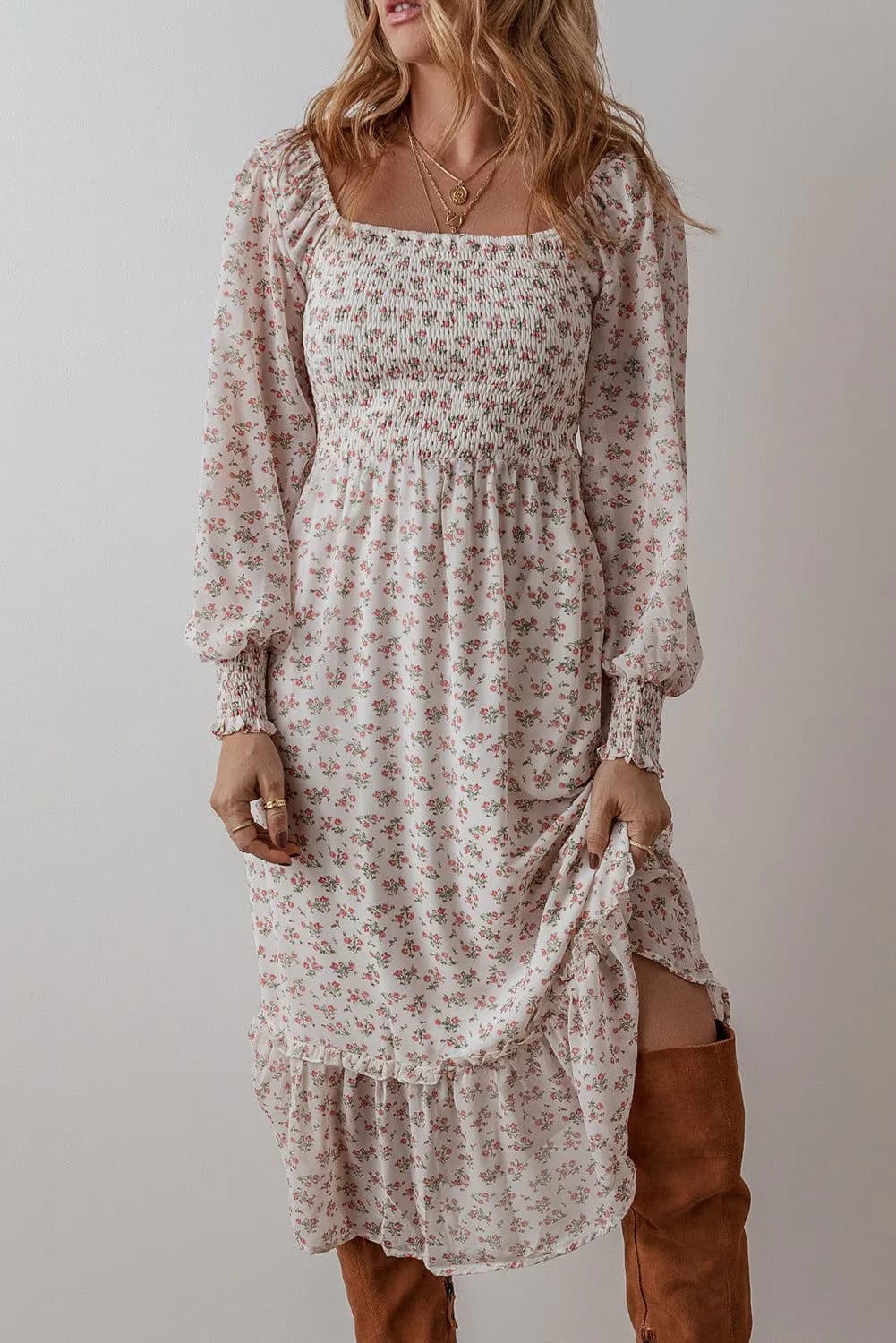 image-Floral Print Shirred Ruffled Hem Midi Dress - White