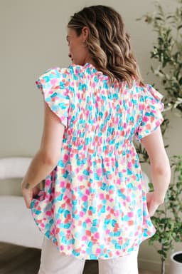 image-Sky Blue Abstract Printed Ruffled Blouse - Shirred Yoke Design