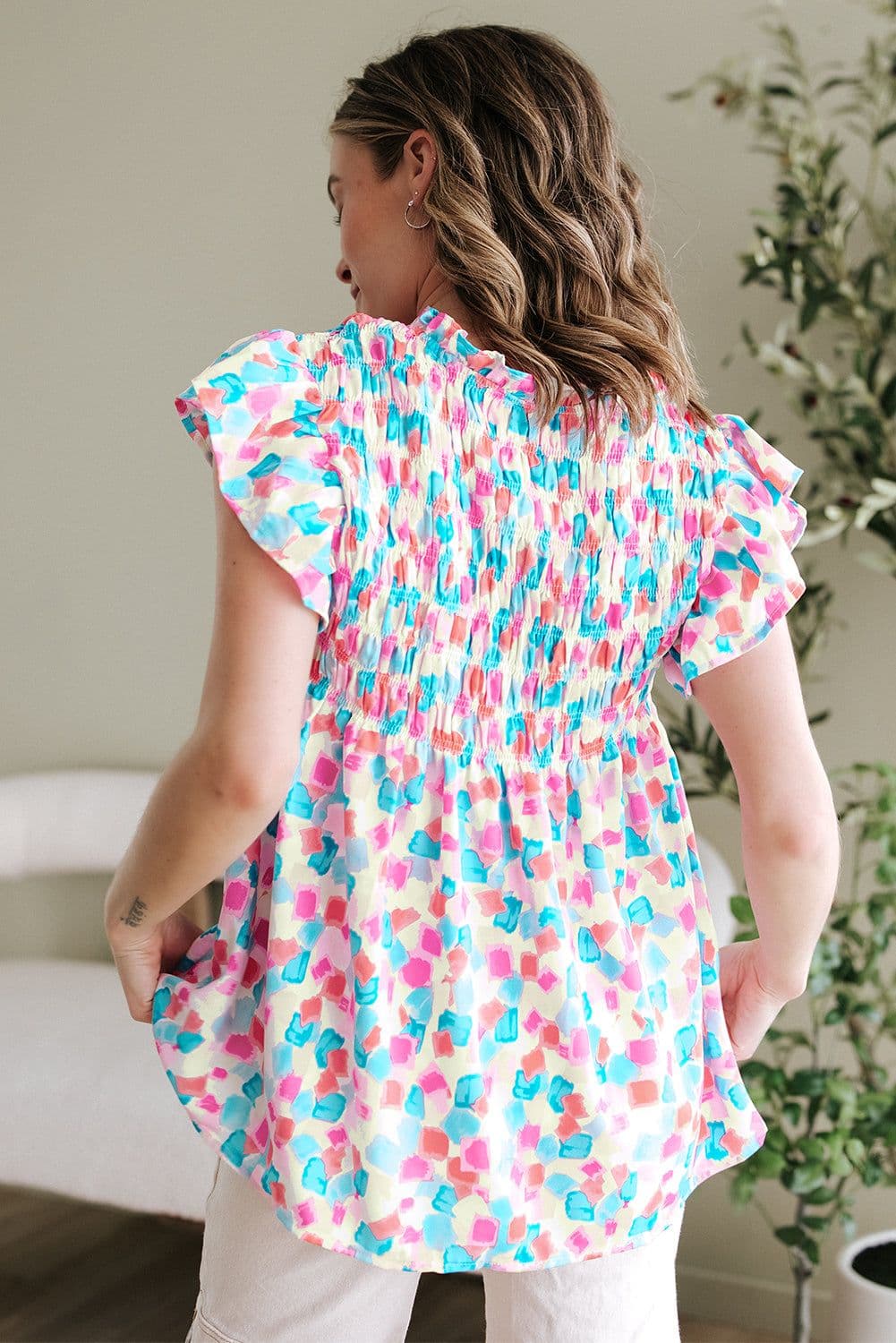 image-Sky Blue Abstract Printed Ruffled Blouse - Shirred Yoke Design