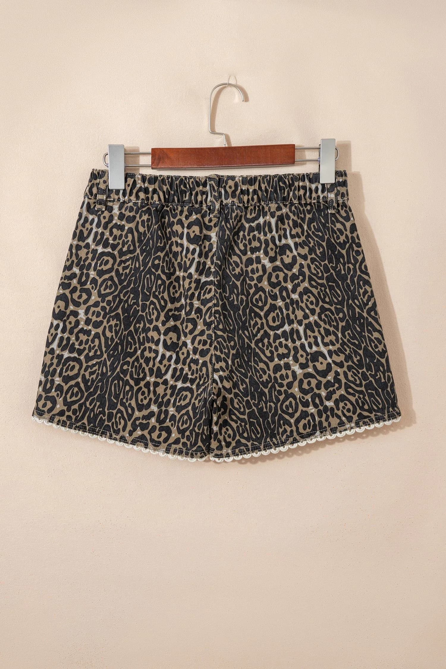 image-Khaki Contrast Scalloped Lace Trim Leopard Denim Shorts