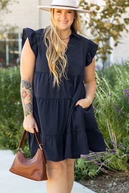 image-Navy Blue Collared V Neck Flutter Sleeve Tiered Dress