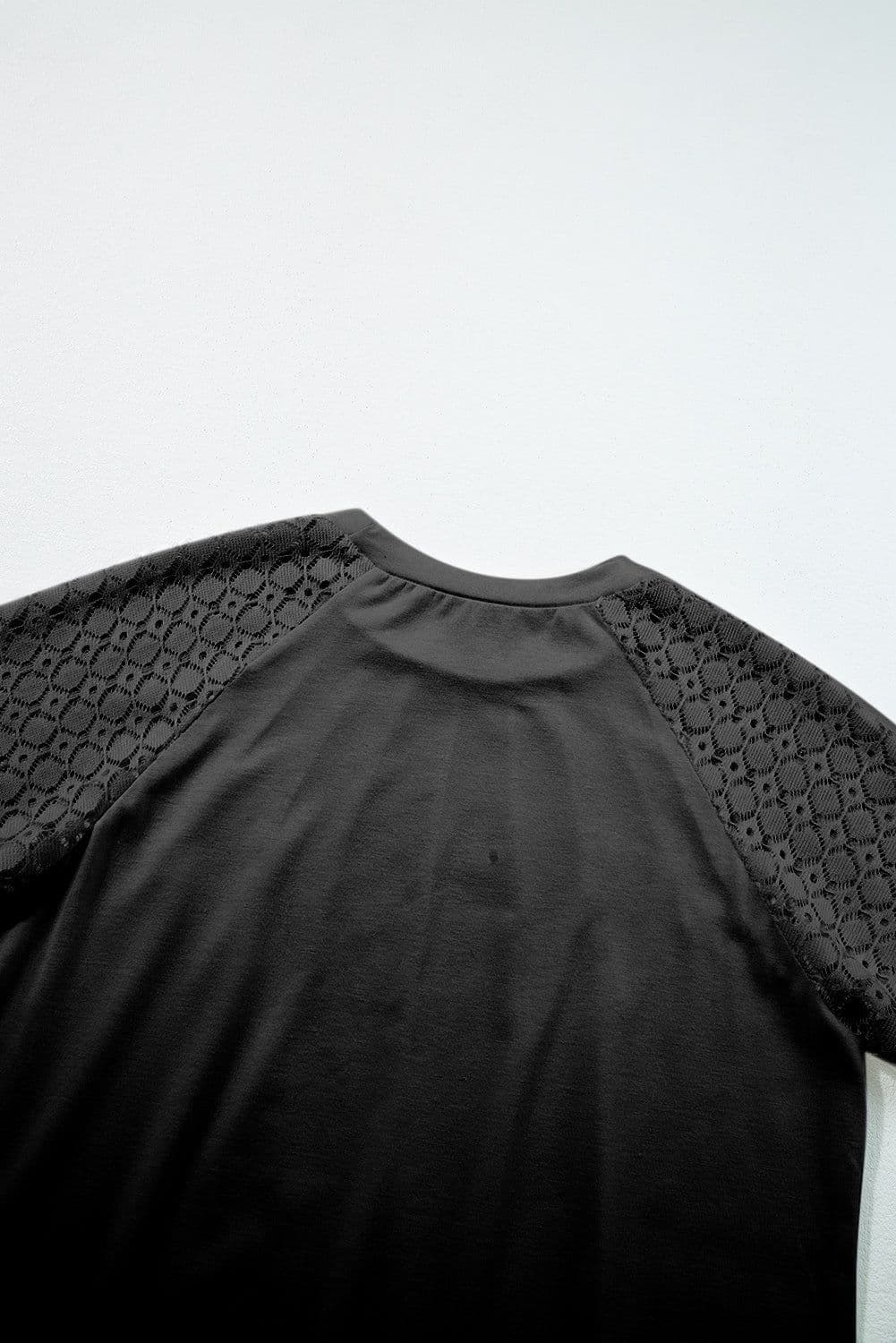 image-Khaki Contrast Lace Raglan Sleeve Tee - Casual Short Sleeve Top