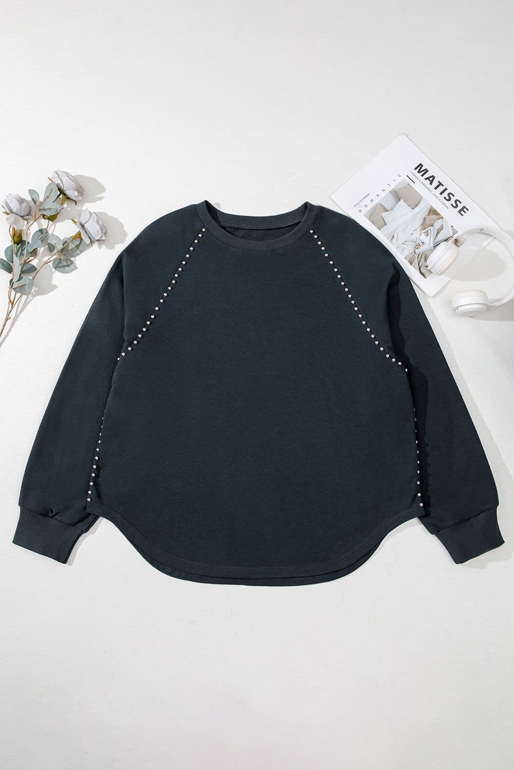 image-Black Studded Decor Ribbed Edge Mineral Wash Plus Size Jumper