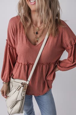 image-Mineral Red Textured Frilled Trim V Neck Blouse with Puff Sleeves